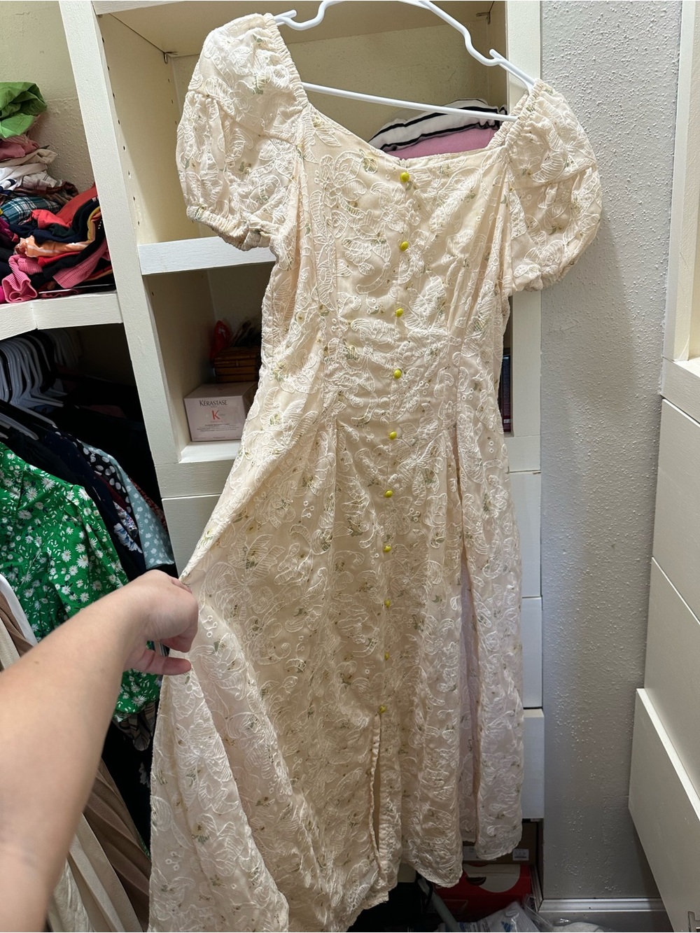 (3/25$) Sweetheart Neck Puff-Sleeve Cream Midi Dress - Picture 3 of 3